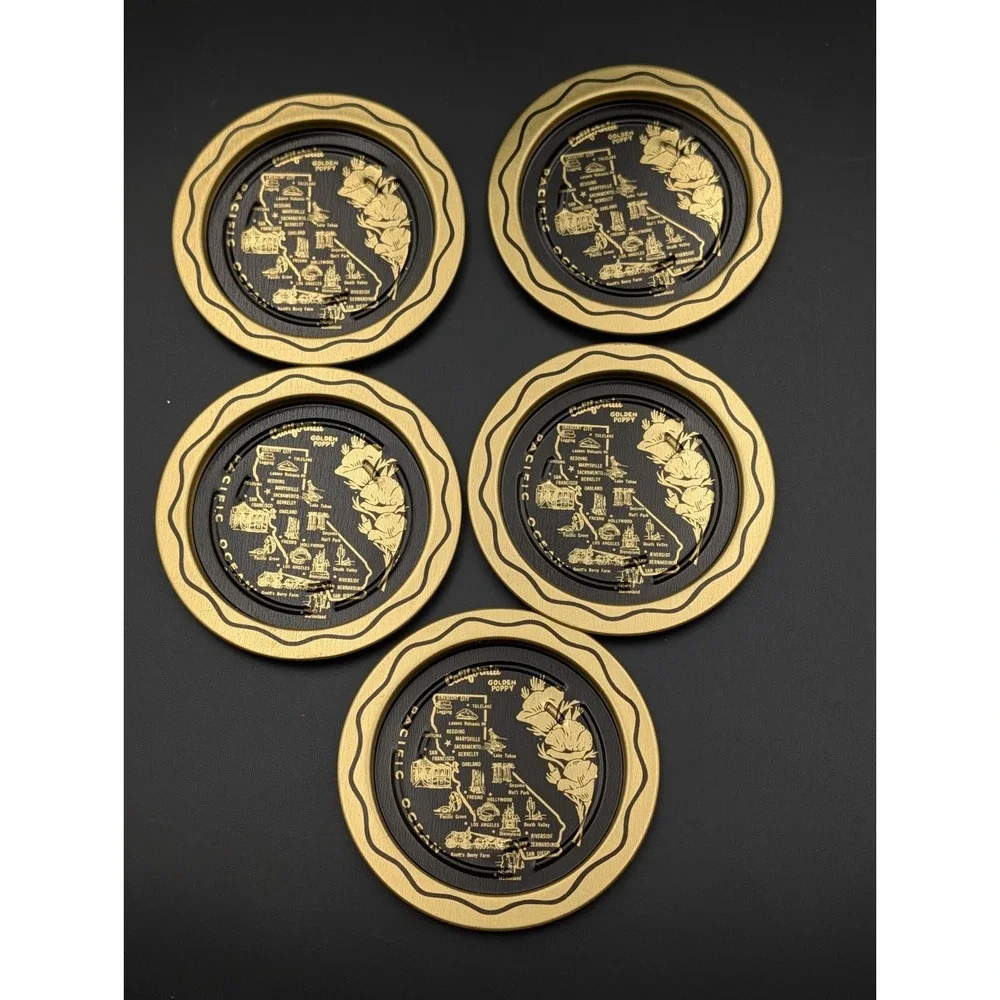 Vintage 1970s California Metal Souvenir Metal Ashtrays/Coasters,‎ Set of 5 Clean